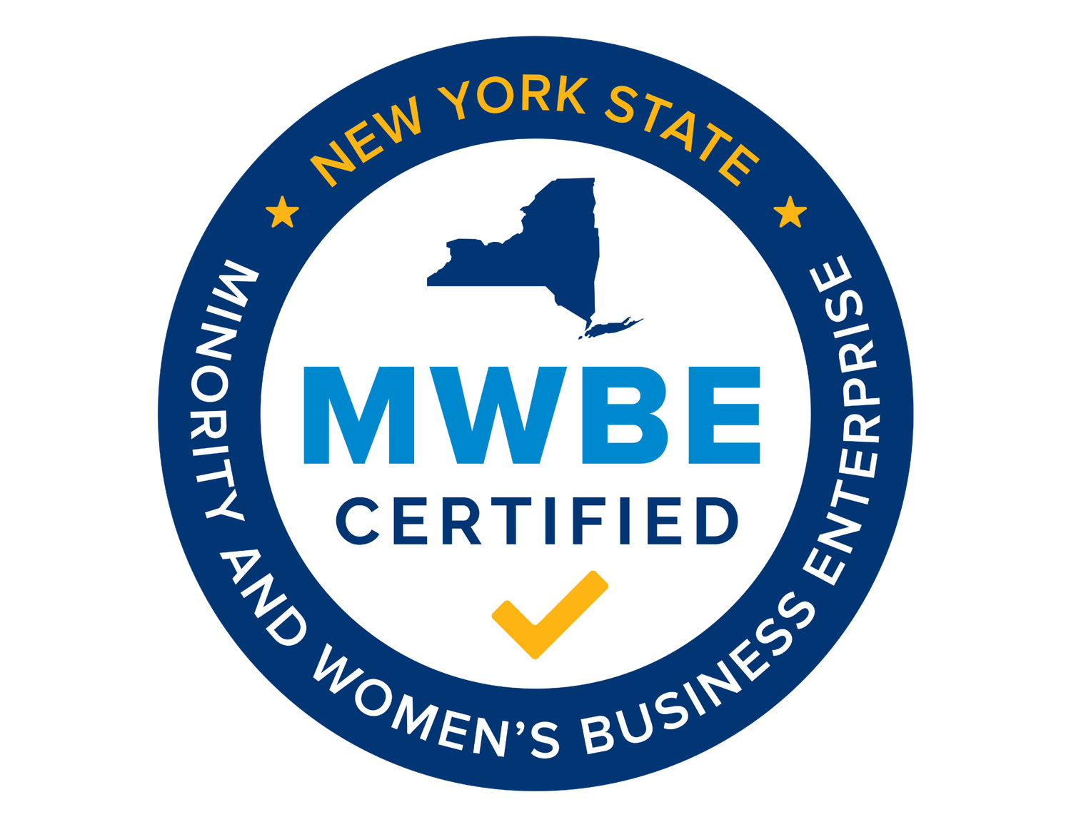 Three certification badges for New York State business programs including MWBE and women-owned business certifications.