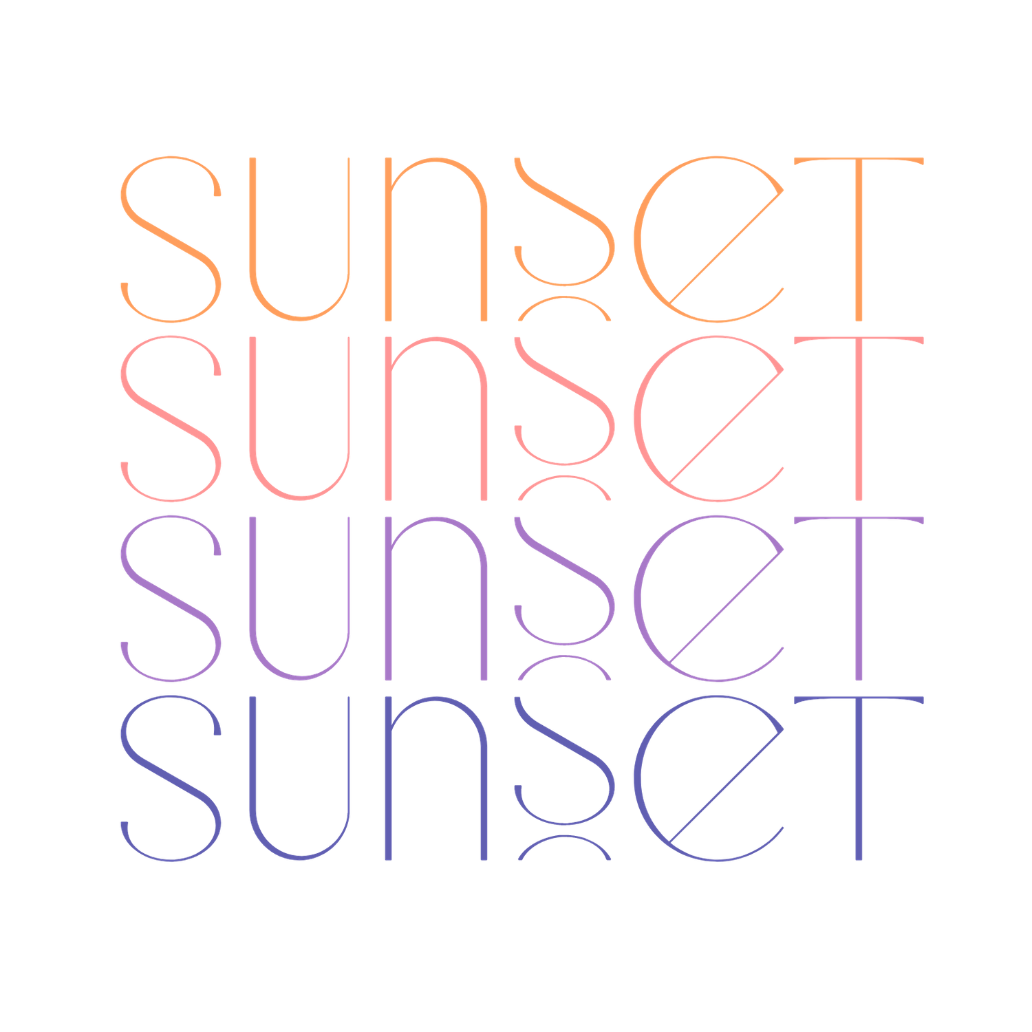 Retro-style neon text design repeating the word 'SUNSET' four times in gradient colors from orange to blue.