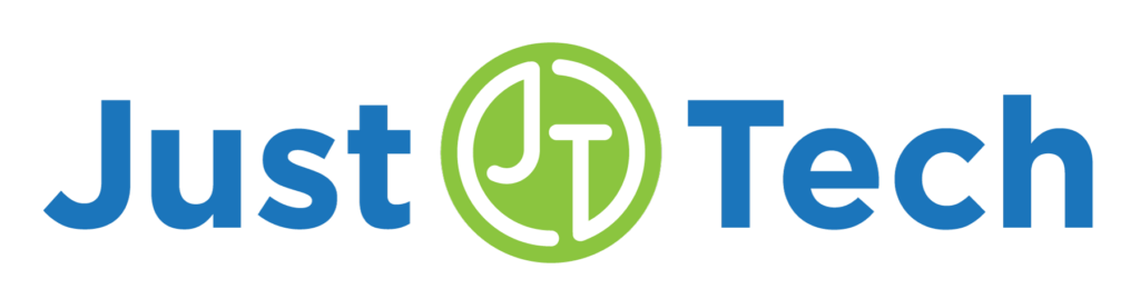 Just Tech company logo design with green and blue text and circular emblem.