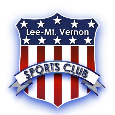 American sports club logo design with red white and blue patriotic shield banners and stars.