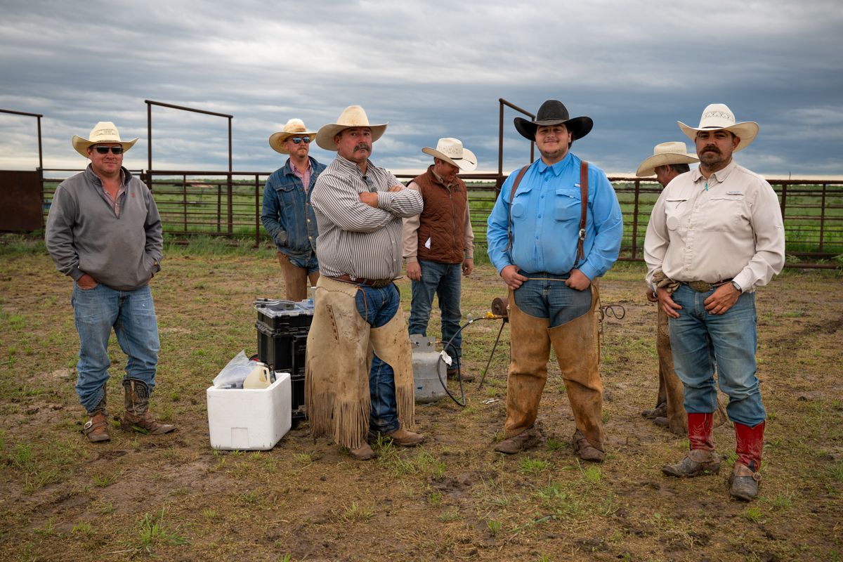 Group of ranchers gathered on a rural field wearing cowboy hats and boots during a sunny day.
