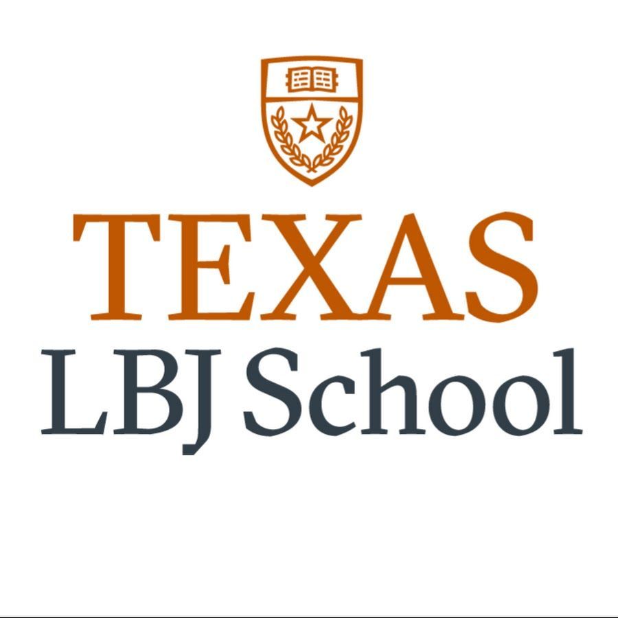 Texas LBJ School logo featuring a burnt orange shield emblem above bold university text on white background.
