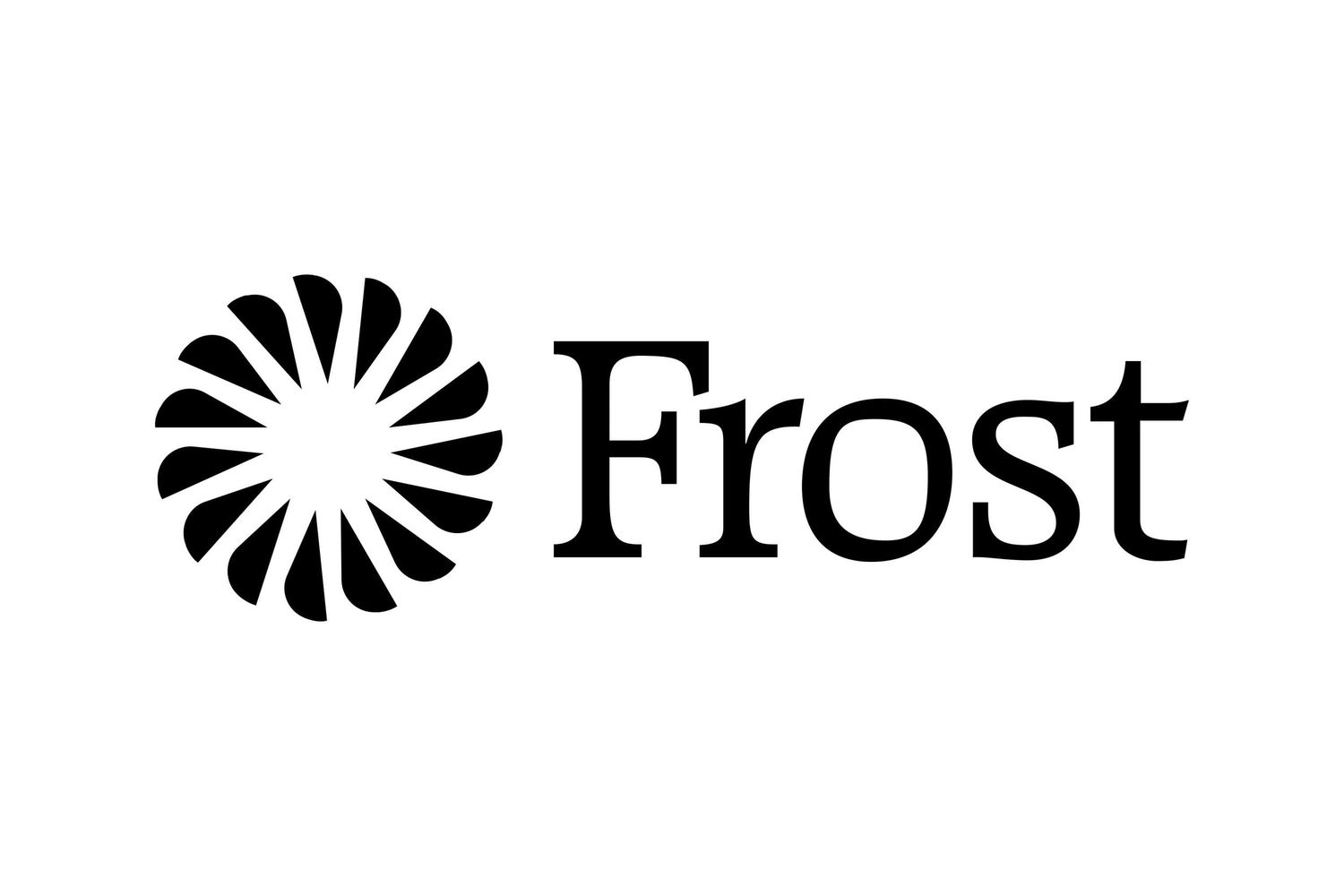 Frost Bank logo featuring a black sunflower-like emblem beside bold serif text reading Frost on a white background.