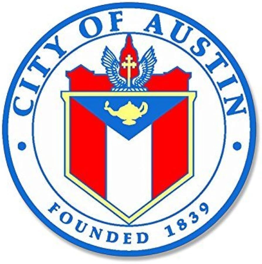 City of Austin Texas official seal, founded 1839, featuring a shield with red and blue colors and a golden lamp.