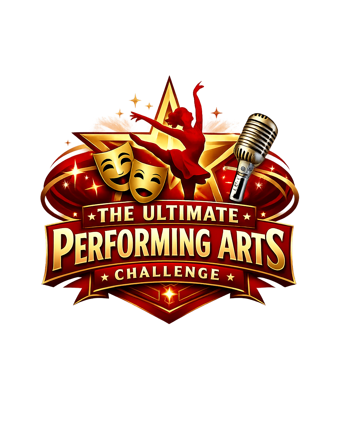Bold red and gold logo for The Ultimate Performing Arts Challenge featuring drama masks, a dancer, and a microphone.
