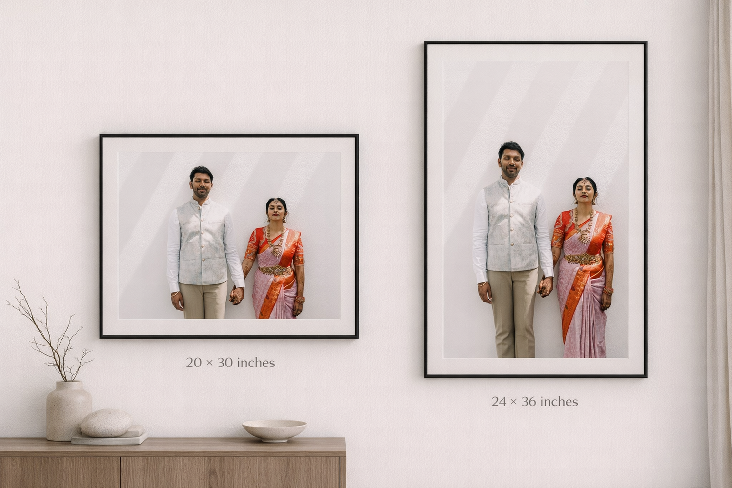 A series of framed photographs showing a couple in traditional Indian wedding attire displayed in a gallery wall arrangement.
