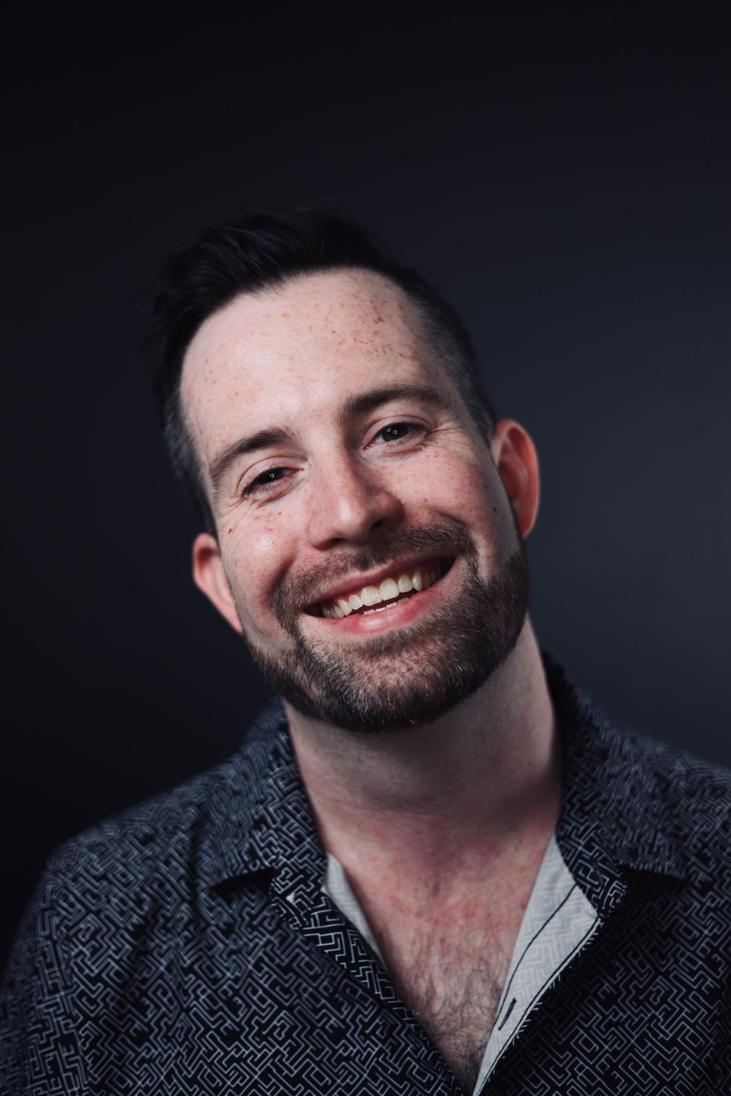 Portrait series showing genuine smiles and expressions against dark background.