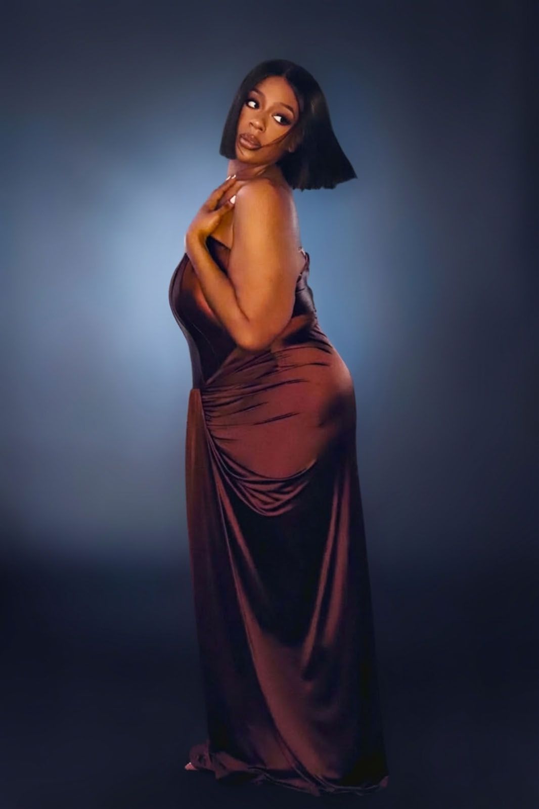 A series of artistic boudoir portraits showing a person draped in burgundy satin fabric against a dark background.