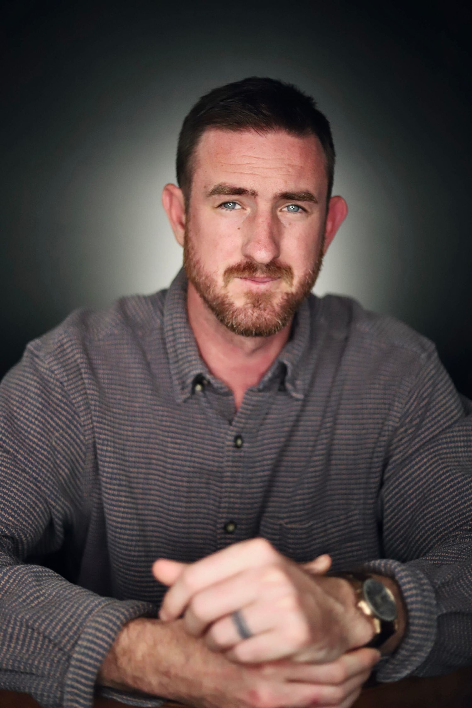 Series of casual portraits showing person in striped shirt with thoughtful expressions.