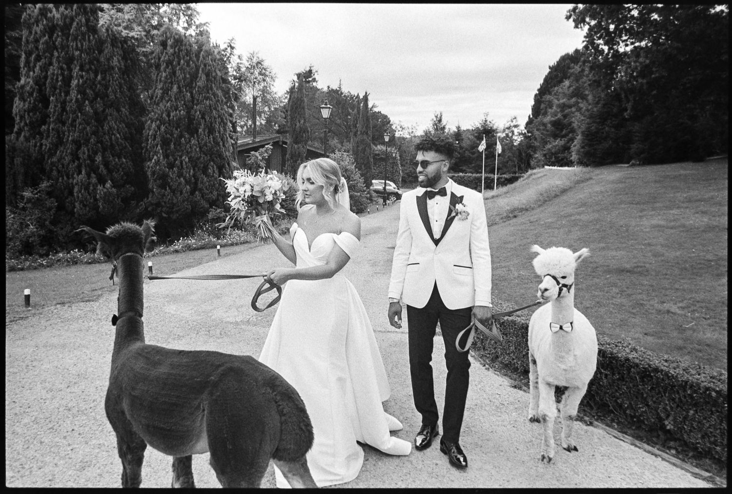 Wedding guests and party members walking in a line outdoors during a ceremony.