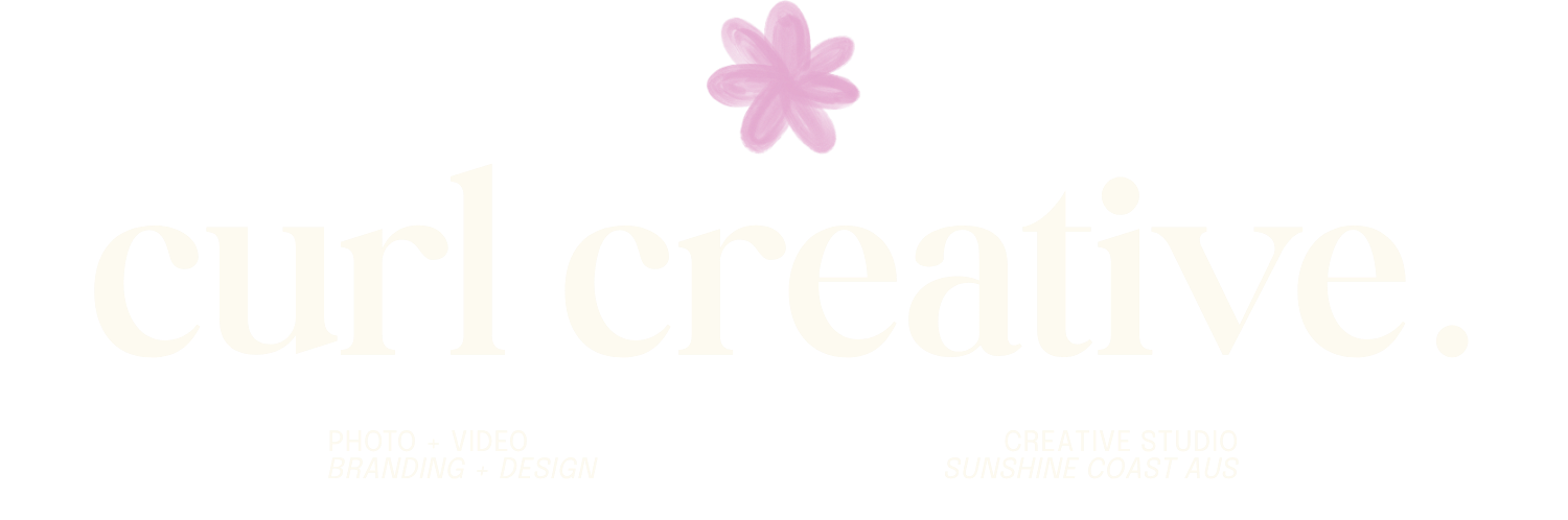 Curl Creative logo with pink flower accent on cream background, elegant serif typography branding design.