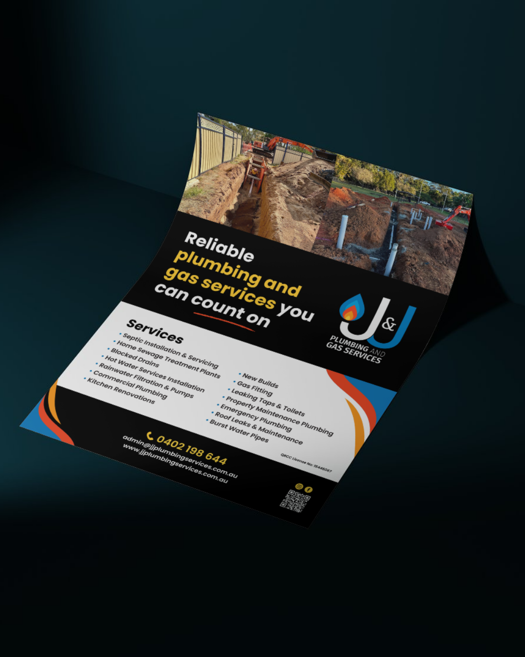 Professional J&J plumbing and gas services flyer featuring reliable services list, contact details, and construction site imagery.