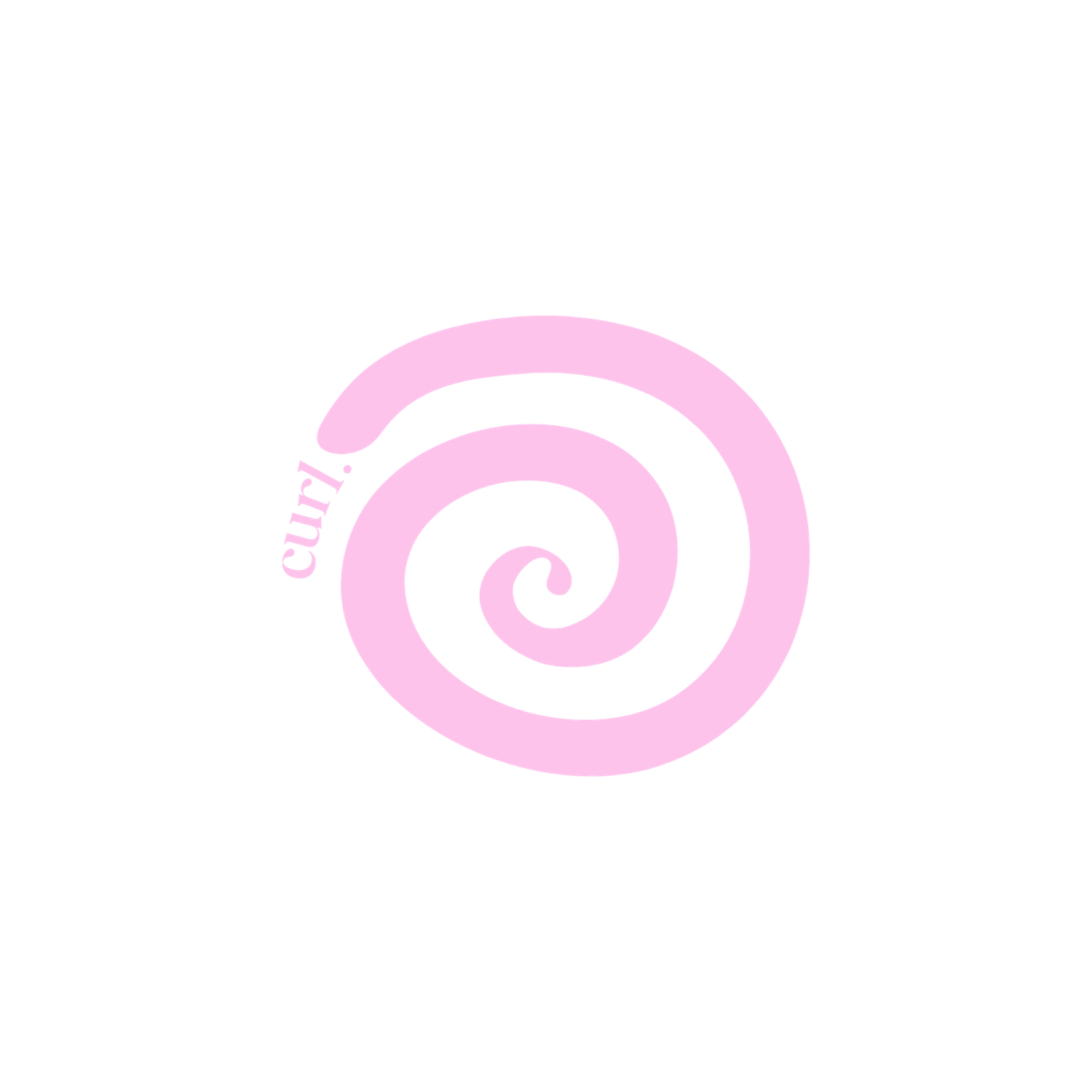 Pink spiral swirl logo with cursive text, soft pastel curl design on white background.