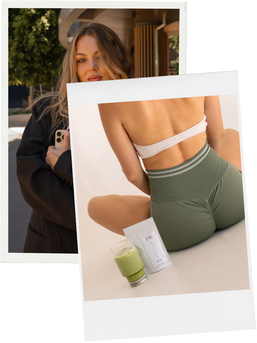 Woman in black jacket holding phone outdoors, overlapping with fitness model in green shorts sitting with green smoothie.