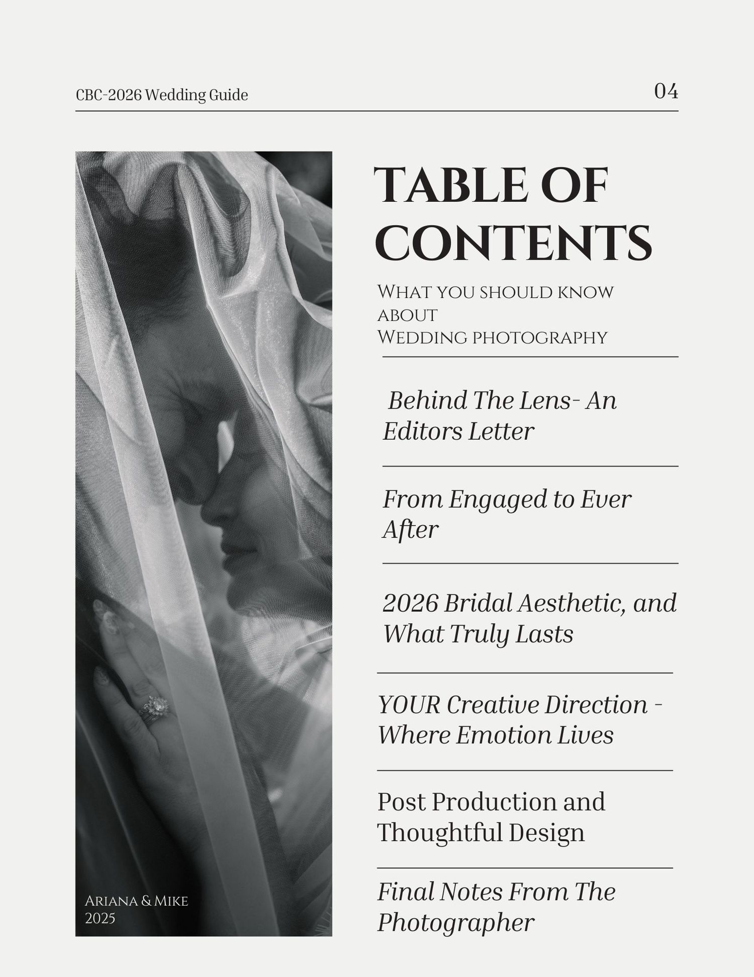 Table of Contents for Captured By Chrissy Photography Wedding Guide