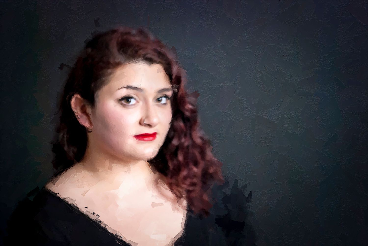 Digital painting from a photograph female portrait with dark background and bold red lip color.