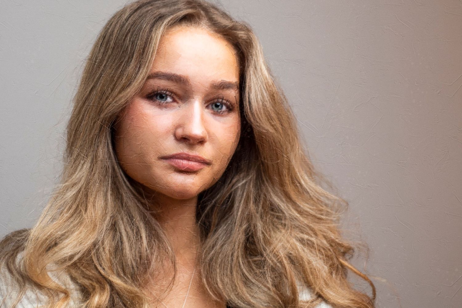 Soft painterly portrait with natural lighting and neutral background tones.