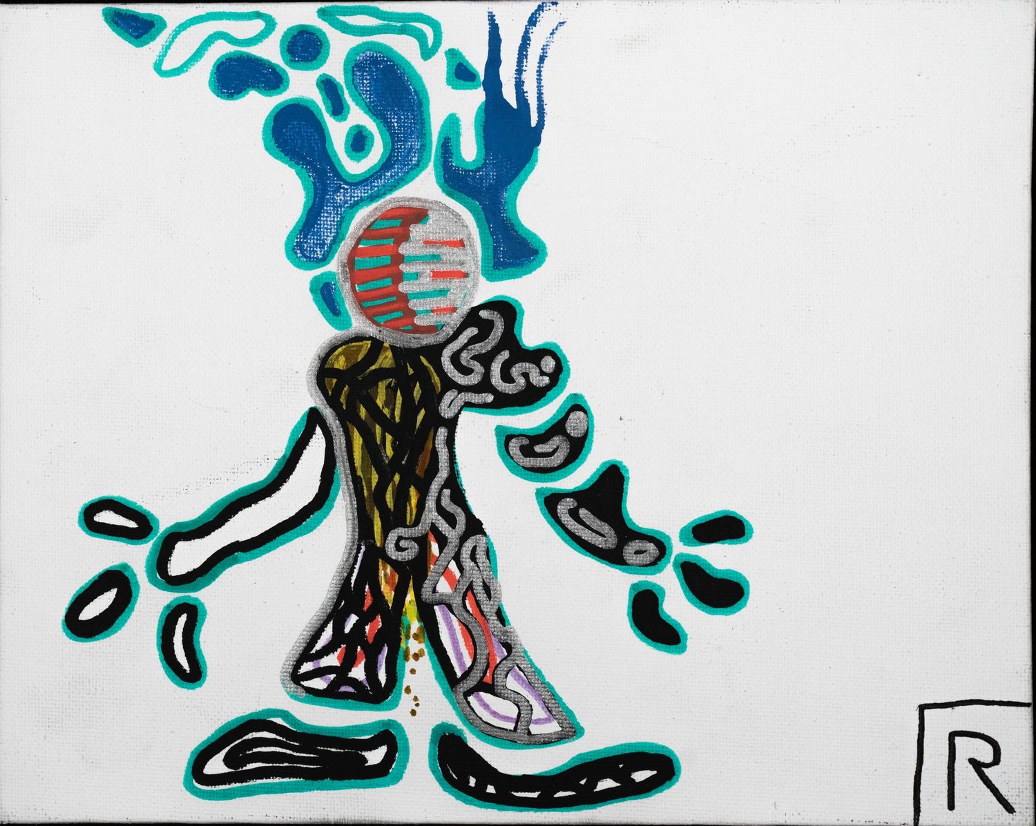 A graffiti figure in blue and black tones performs a dance-like movement across a simple white background.