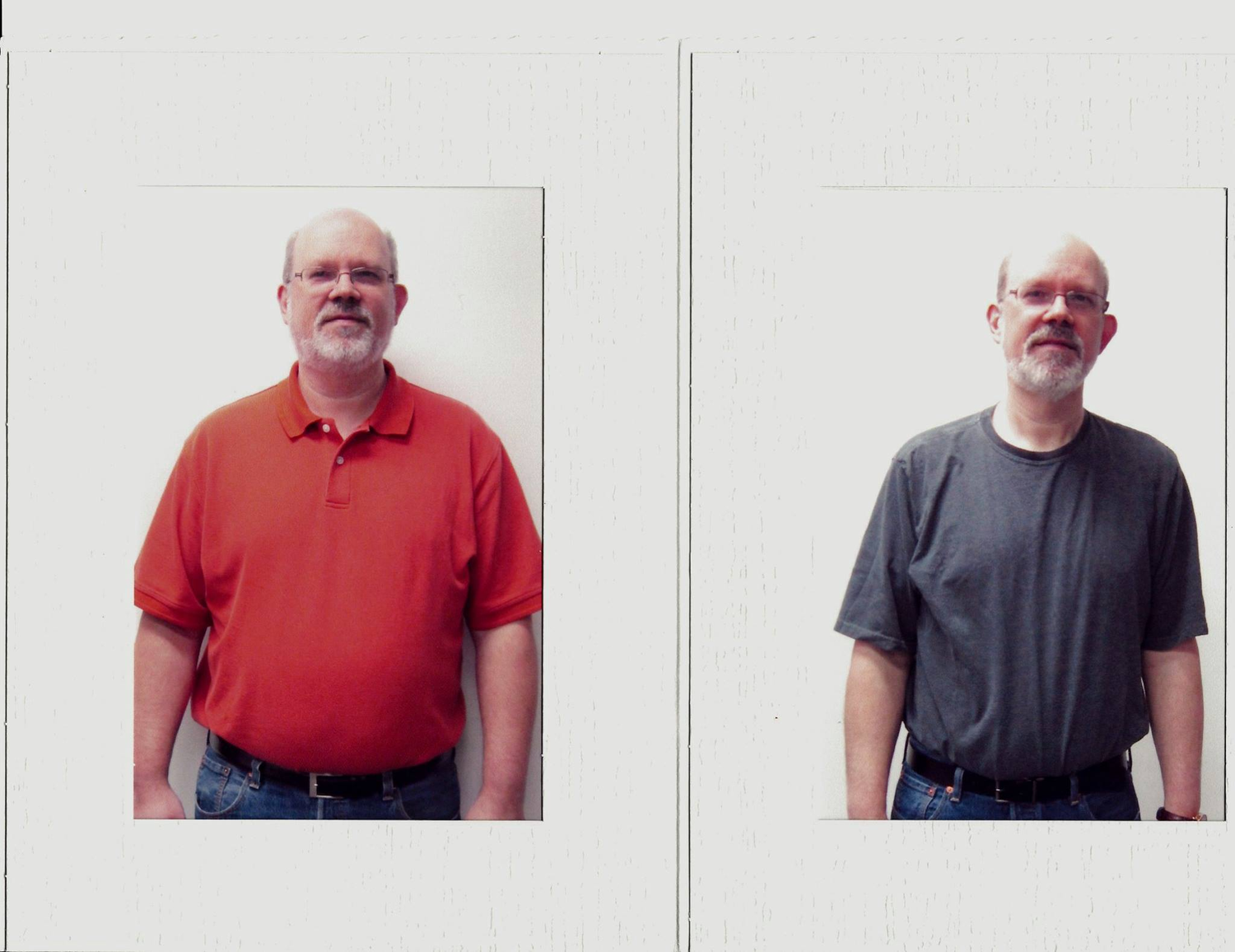 Side-by-side photos of a bearded man wearing a red polo shirt and gray t-shirt, showing a before and after weight loss transformation.
