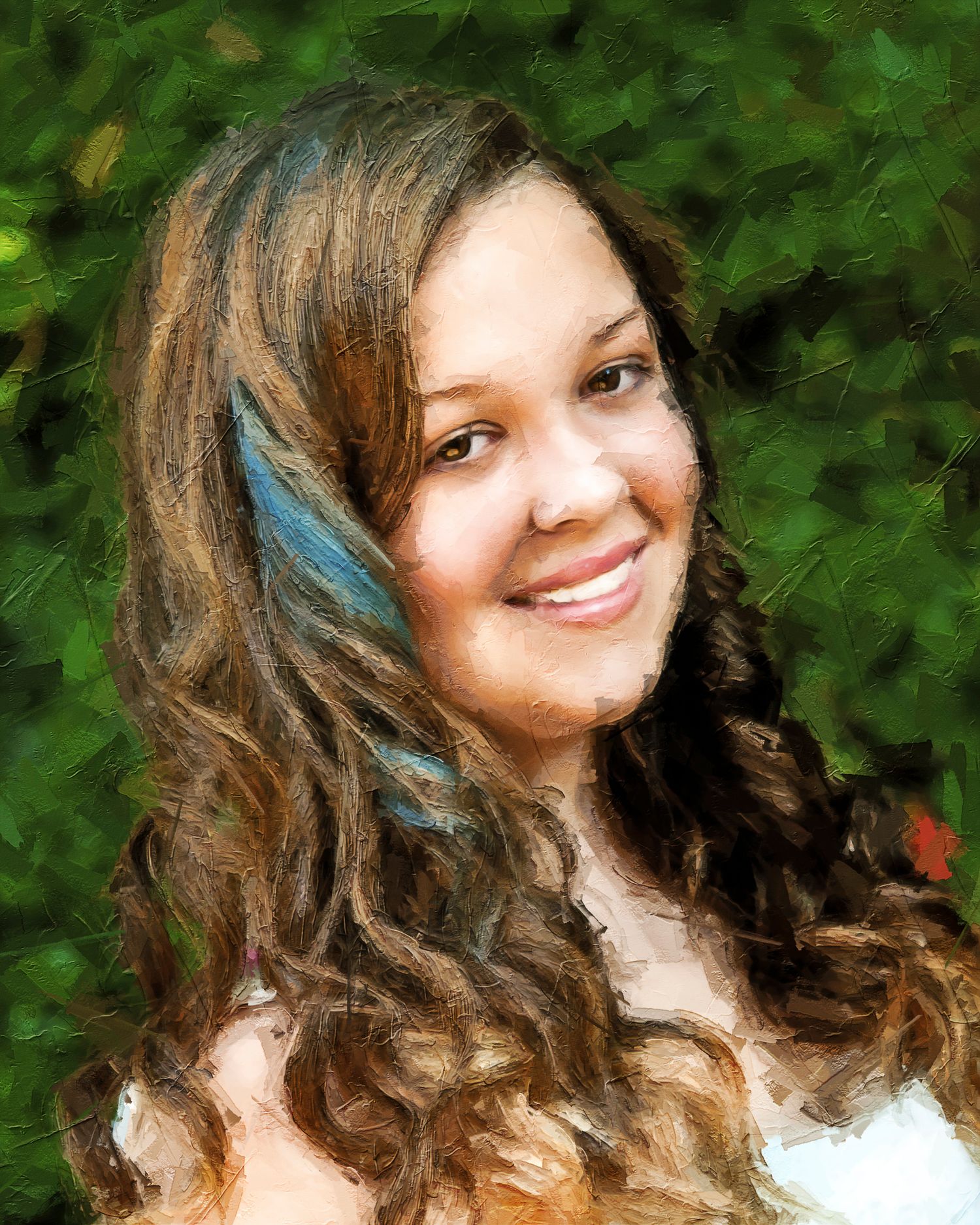 Outdoor portrait series with natural green foliage background and blue hair accent.