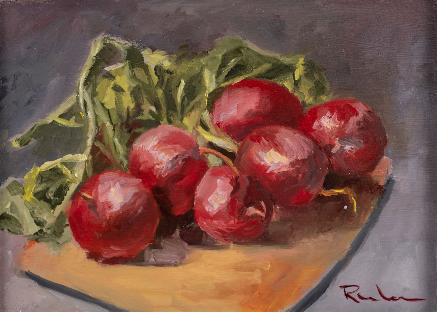 Oil painting of fresh red radishes with green leafy tops arranged on a golden plate against a gray background.