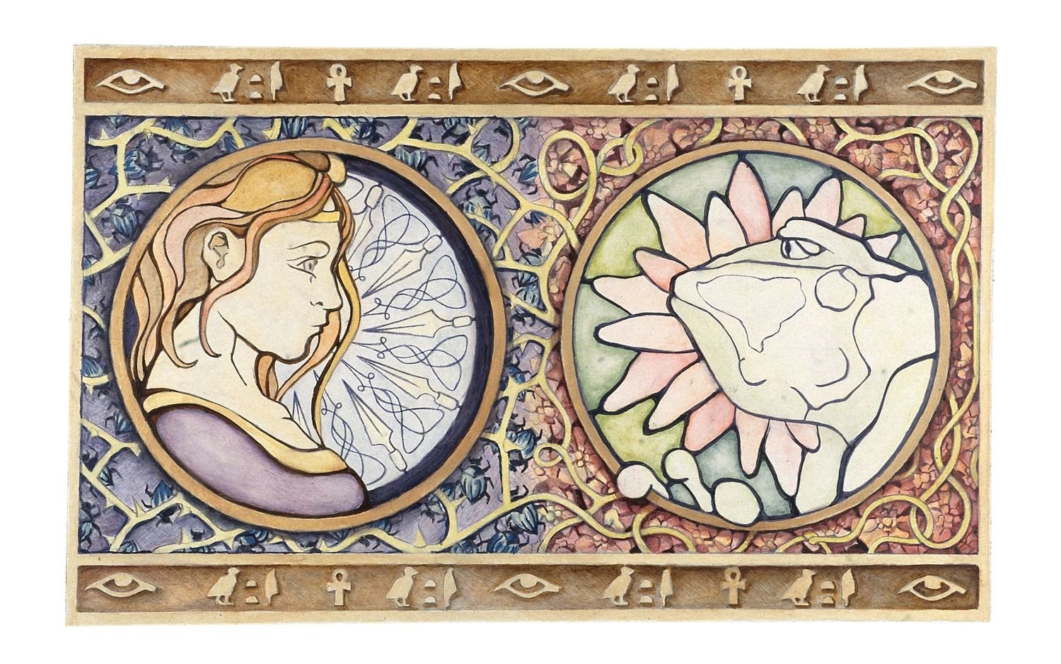Decorative medieval manuscript border illustrations featuring highlighting young girl and a frog. Illustraton for 