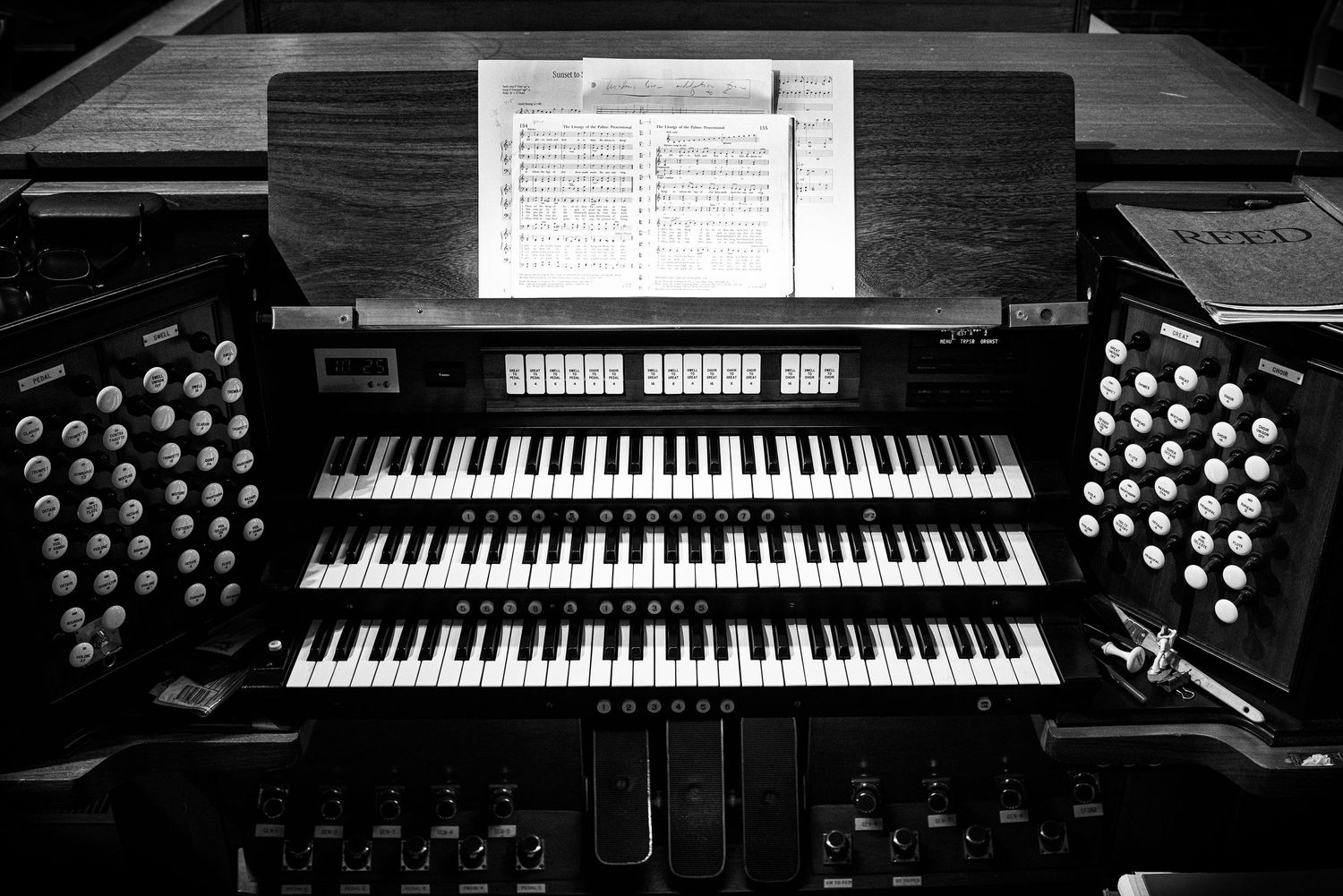 Black and white photo showing church organ console Good Shepherd Episcopal Church MD