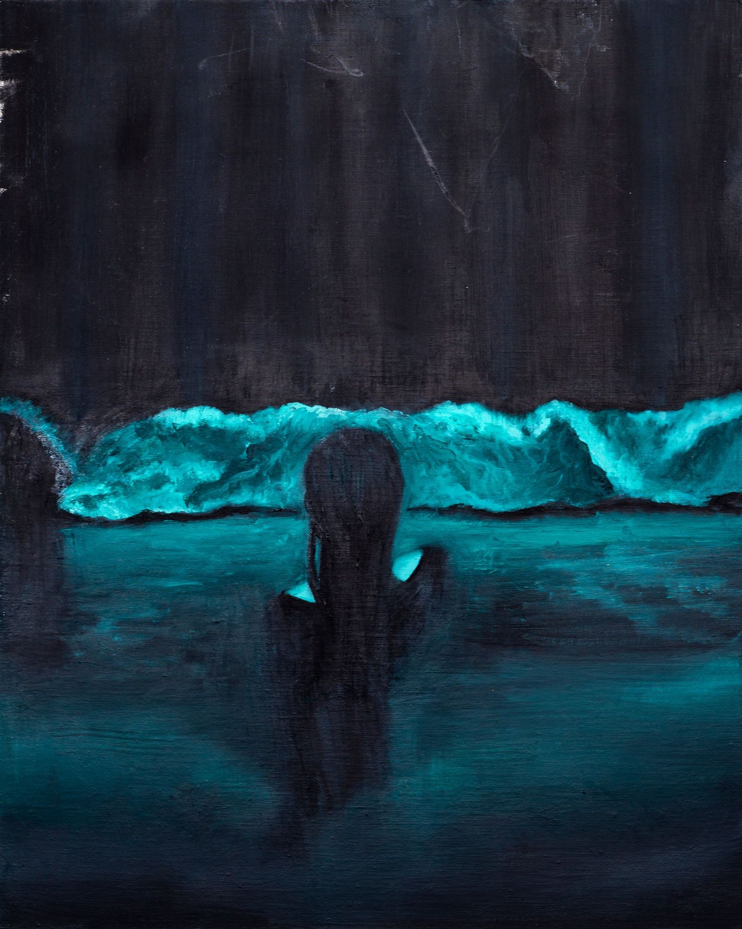 Abstract black and turquoise painting with horizontal brushstrokes creating a moody seascape-like effect.