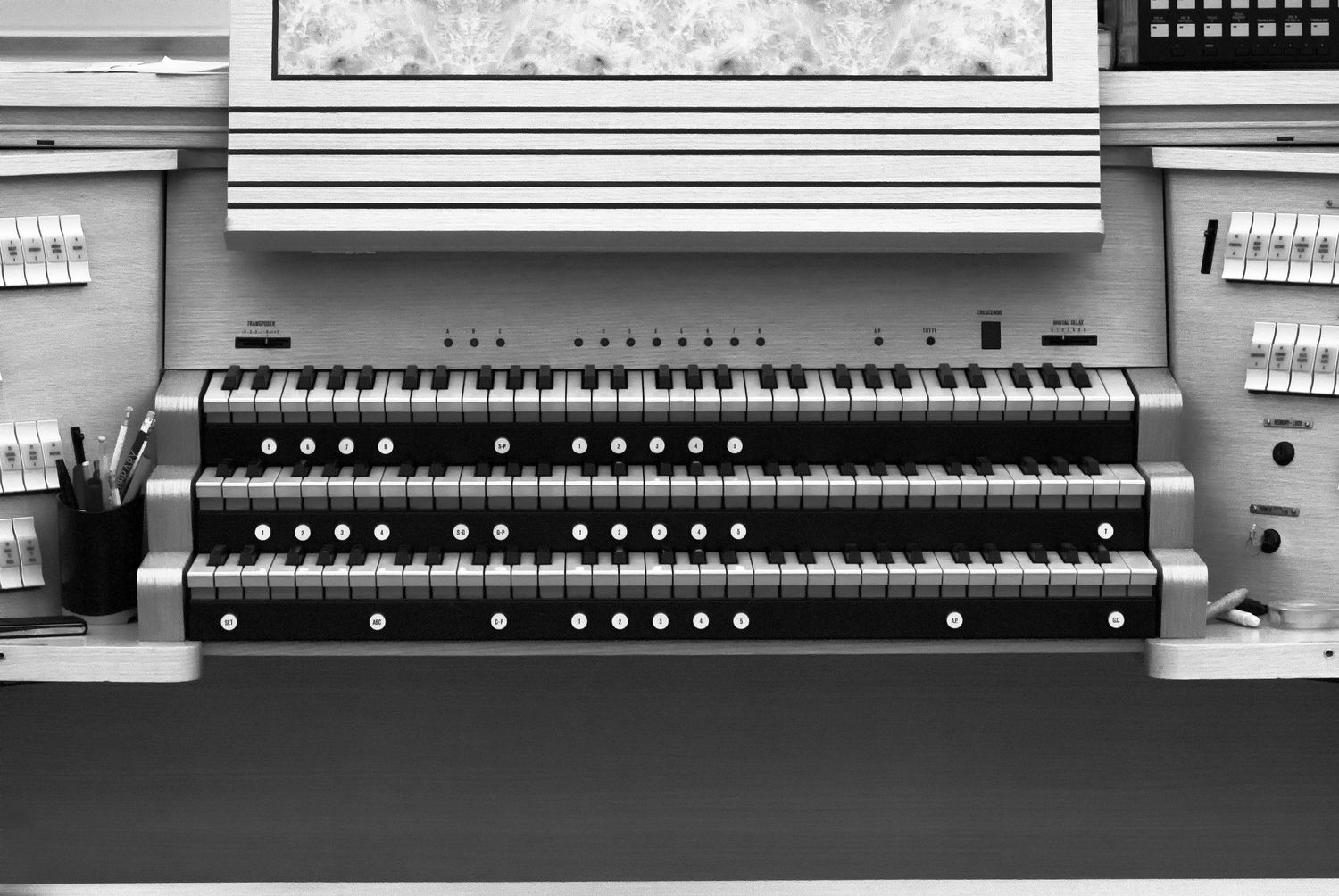 black and white photograph showing church organ console St Lukes Episcopal Church Bethesda