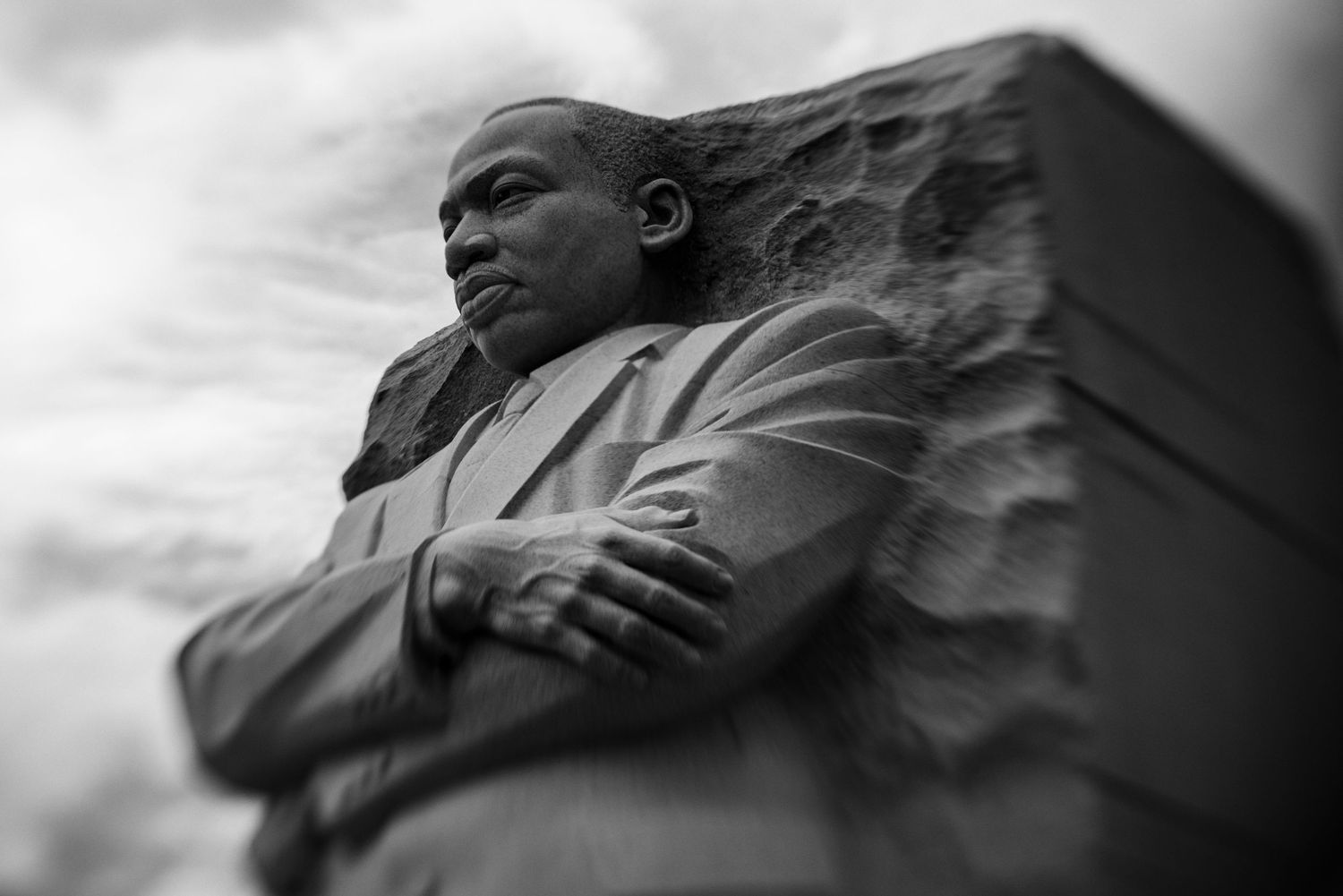 Black and white close-up of the Martin Luther King Jr. Memorial stone sculpture in Washington DC.