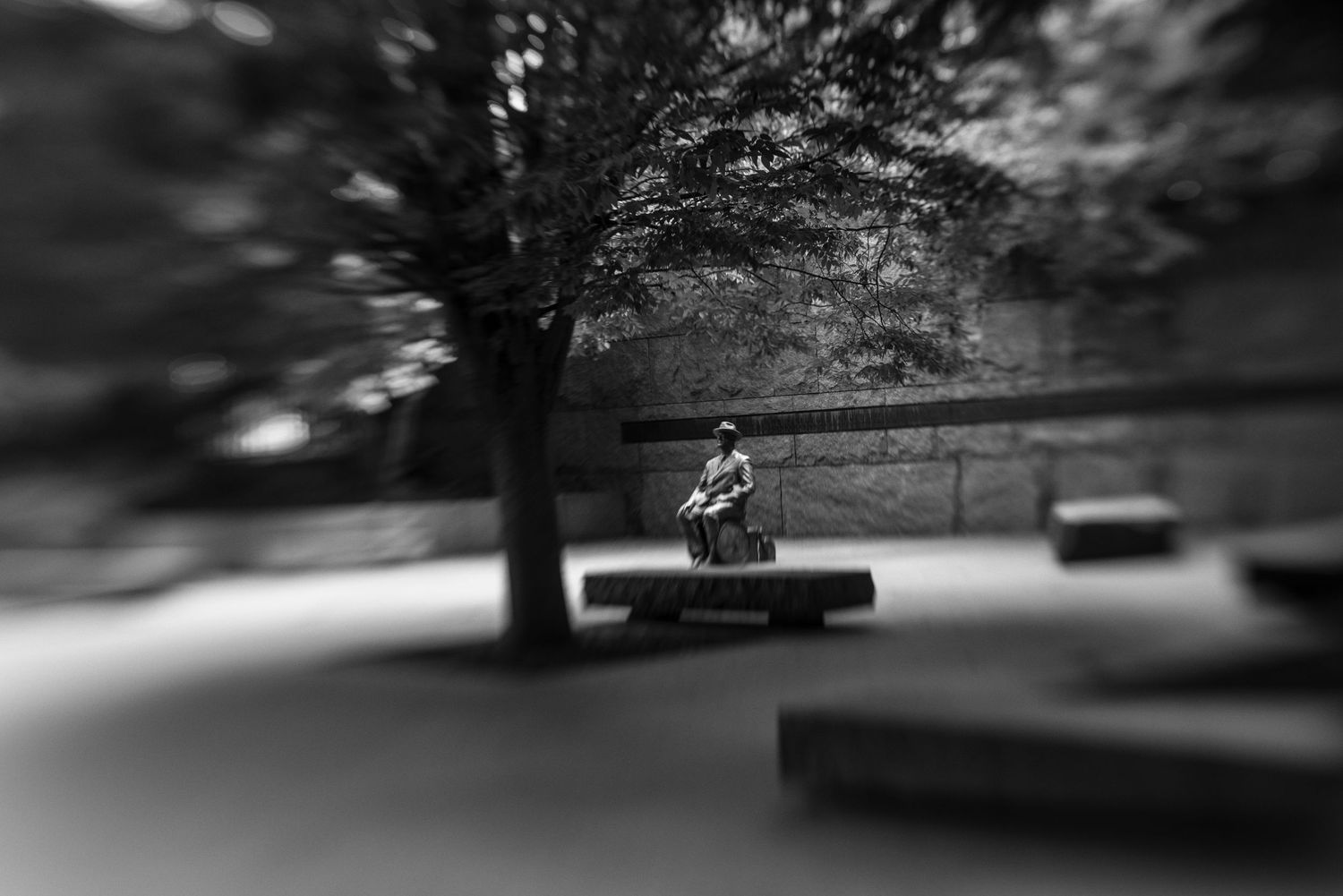 Black and white photo of a lone statue seated under a tree in a park setting.