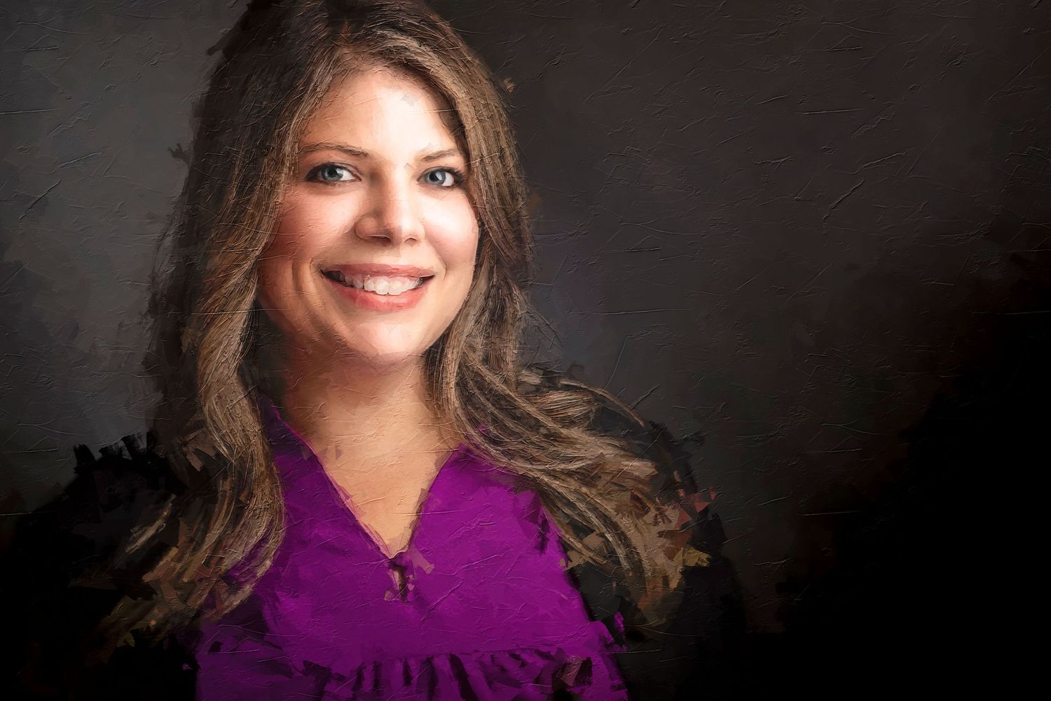 Digital painting from a photograph featuring woman in a purple blouse against a dark background.