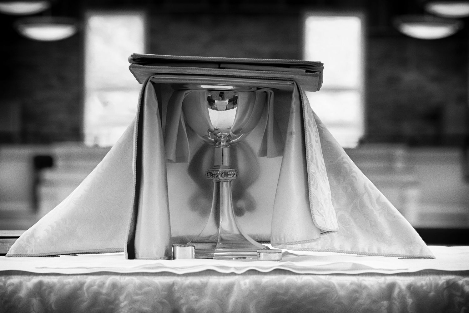 A black and white photograph showing Chalice and Paten  St Lukes Episcopal Church Bethesda