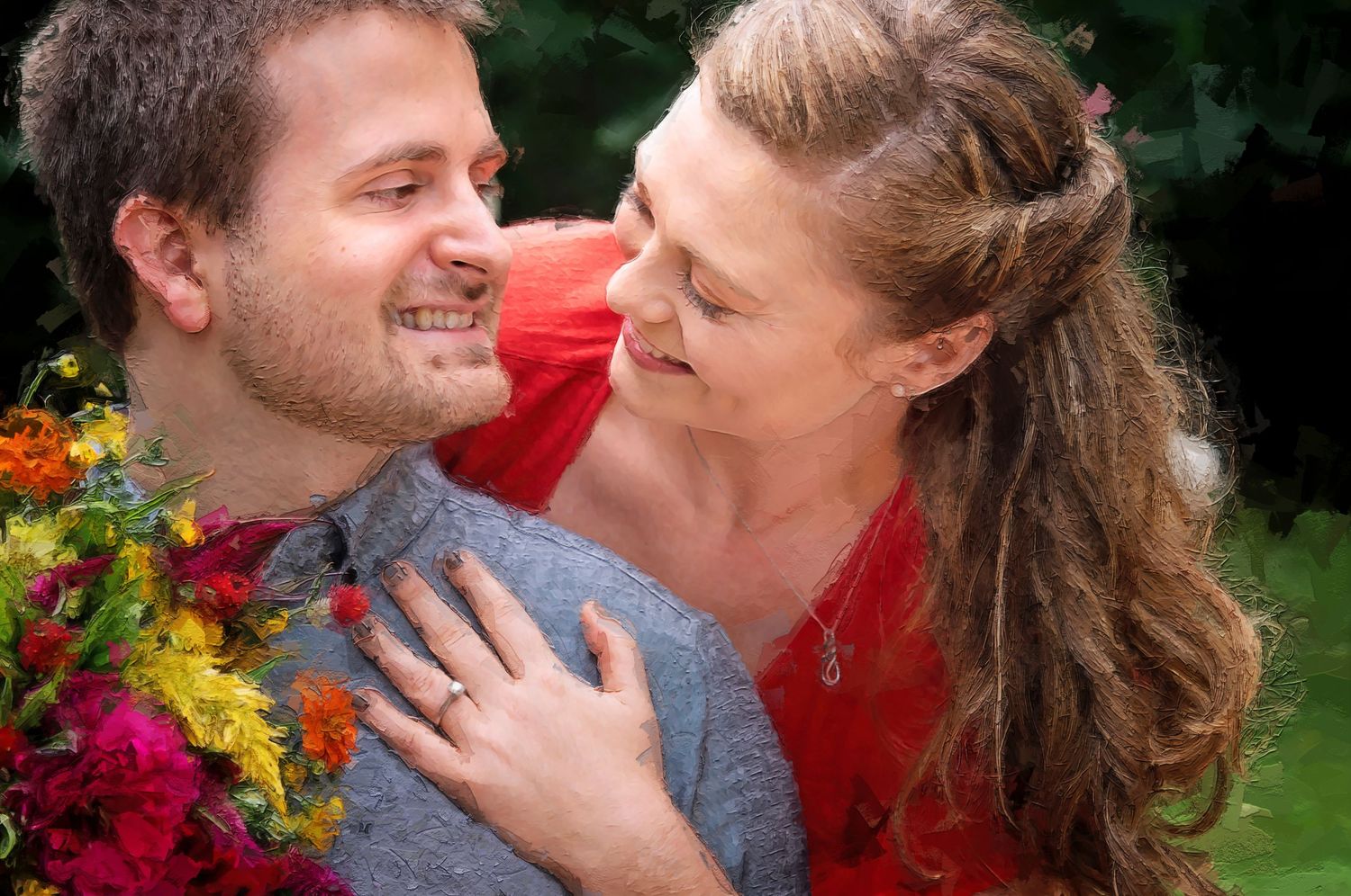 Romantic Digital painting  outdoor couple portrait with colorful garden flowers.