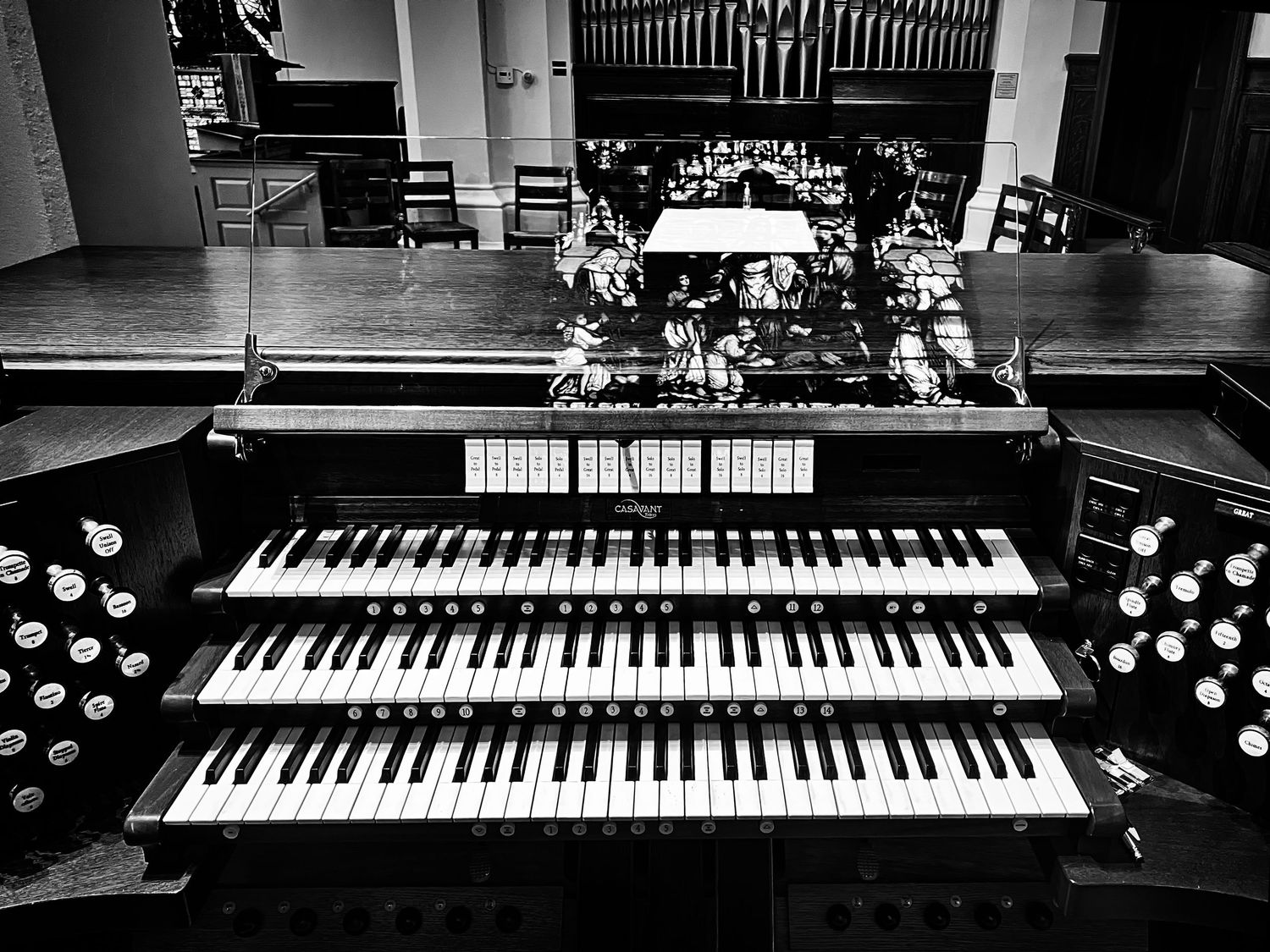 black and white photograph showing church organ console at St John's Episcopal Church Georgetown Washington DC.