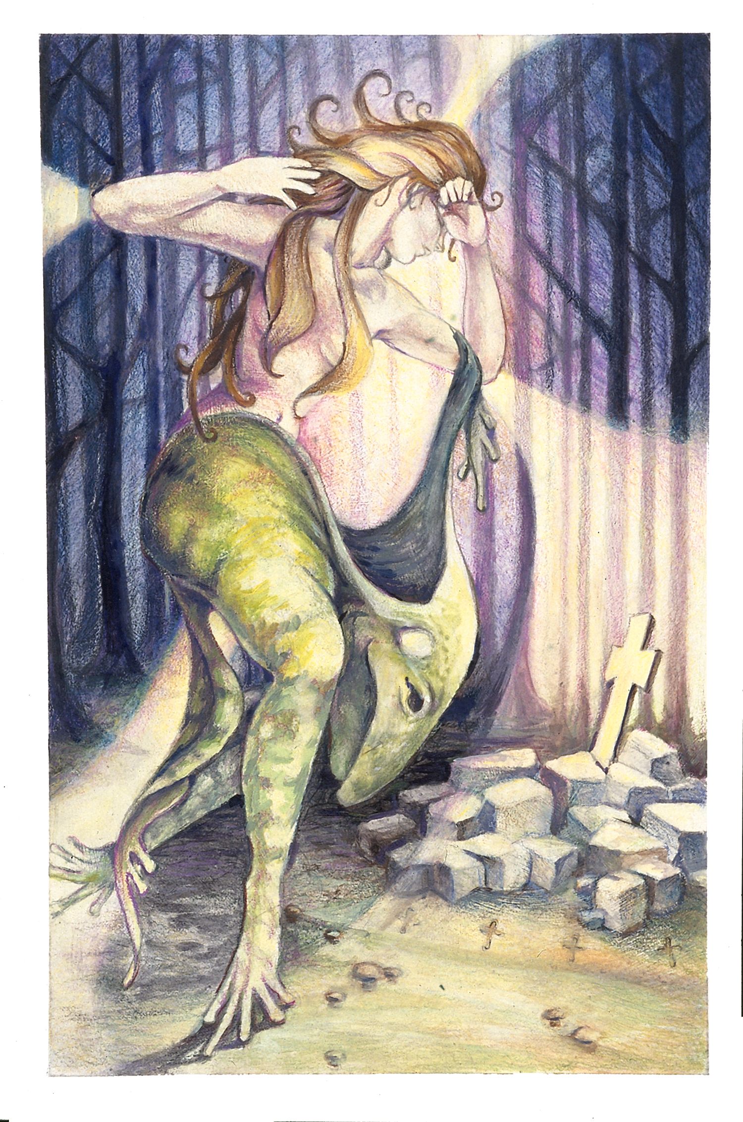 Romantic illustration showing young woman emerging from the skin of a frog. Depicting scene from 