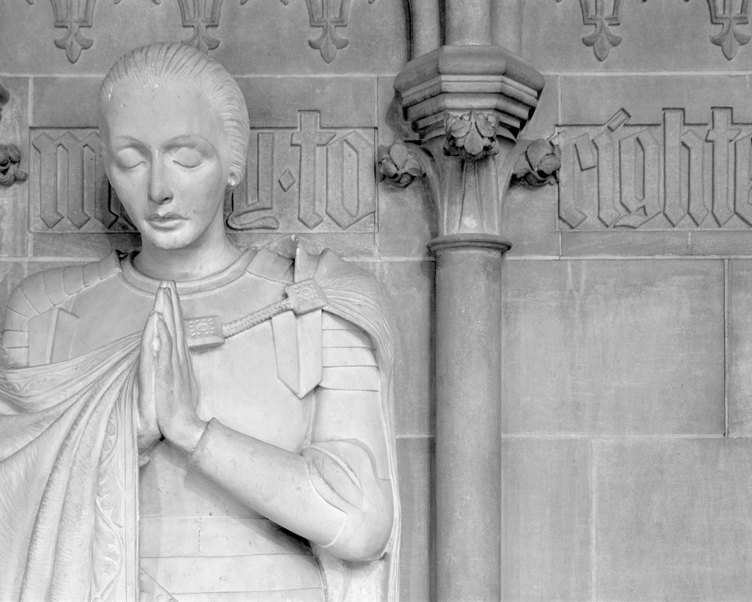 Sculpture of St Joan of Arch St John the Divine NYC in black and white