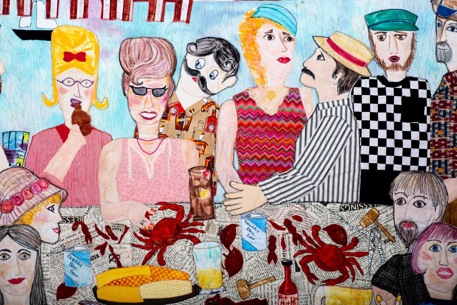 Colorful retro-style illustration featuring a collage of vintage diner scenes with food, music notes, and abstract patterns.