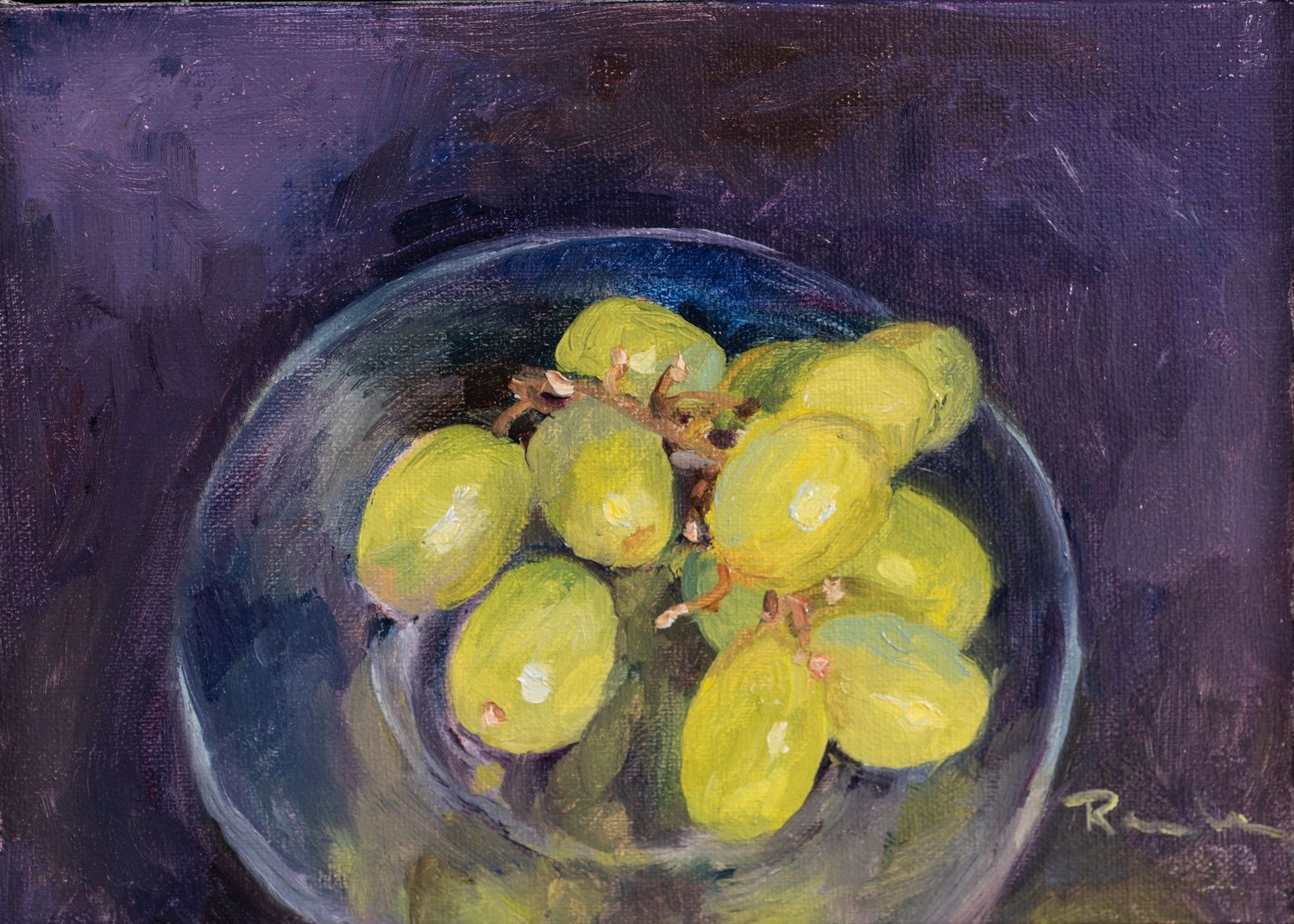 Oil painting of yellow-green grapes in a glass bowl against a dark purple background, still life artwork.