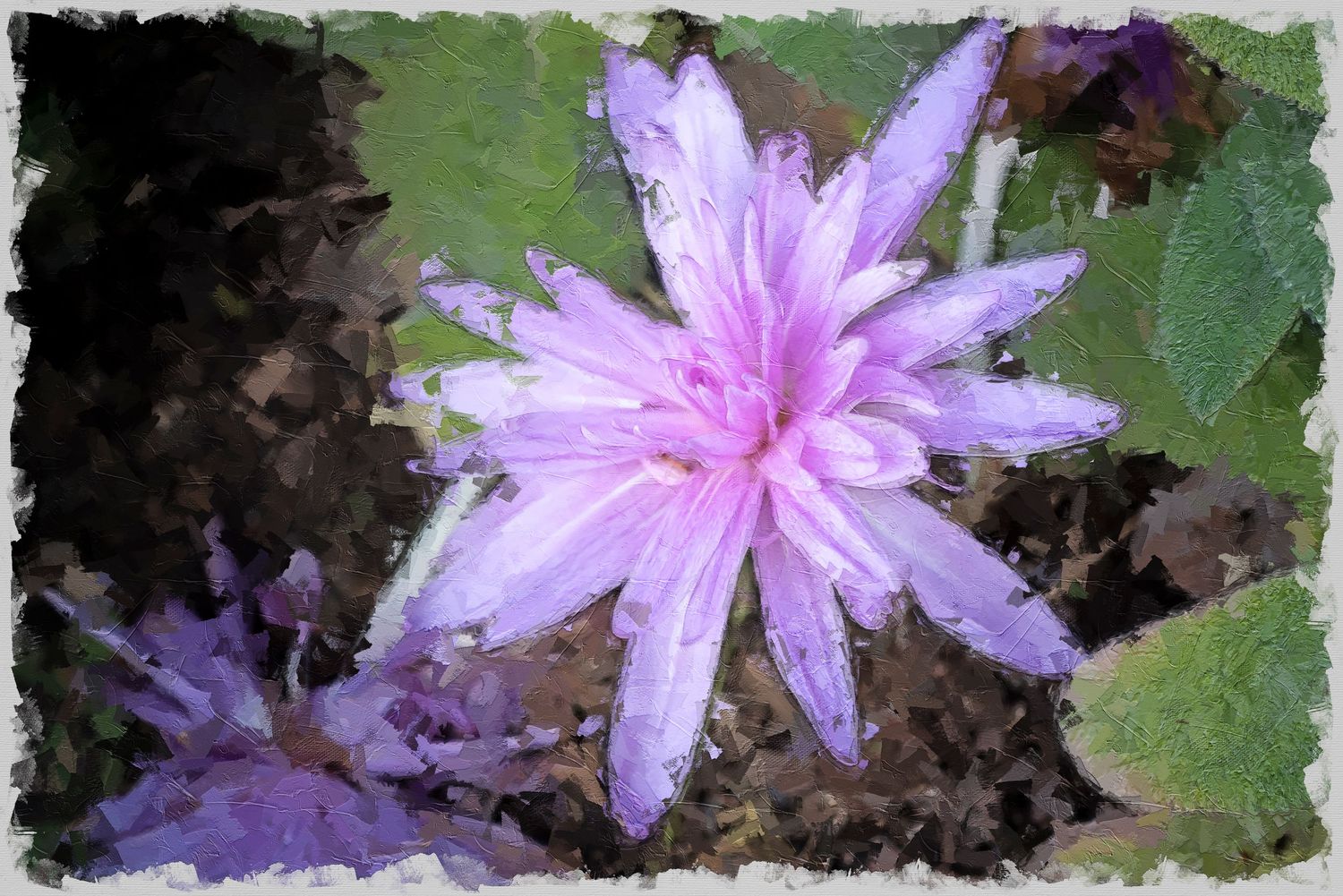 Digital painting of a delicate purple chrysanthemum flowers with soft petals against green foliage.