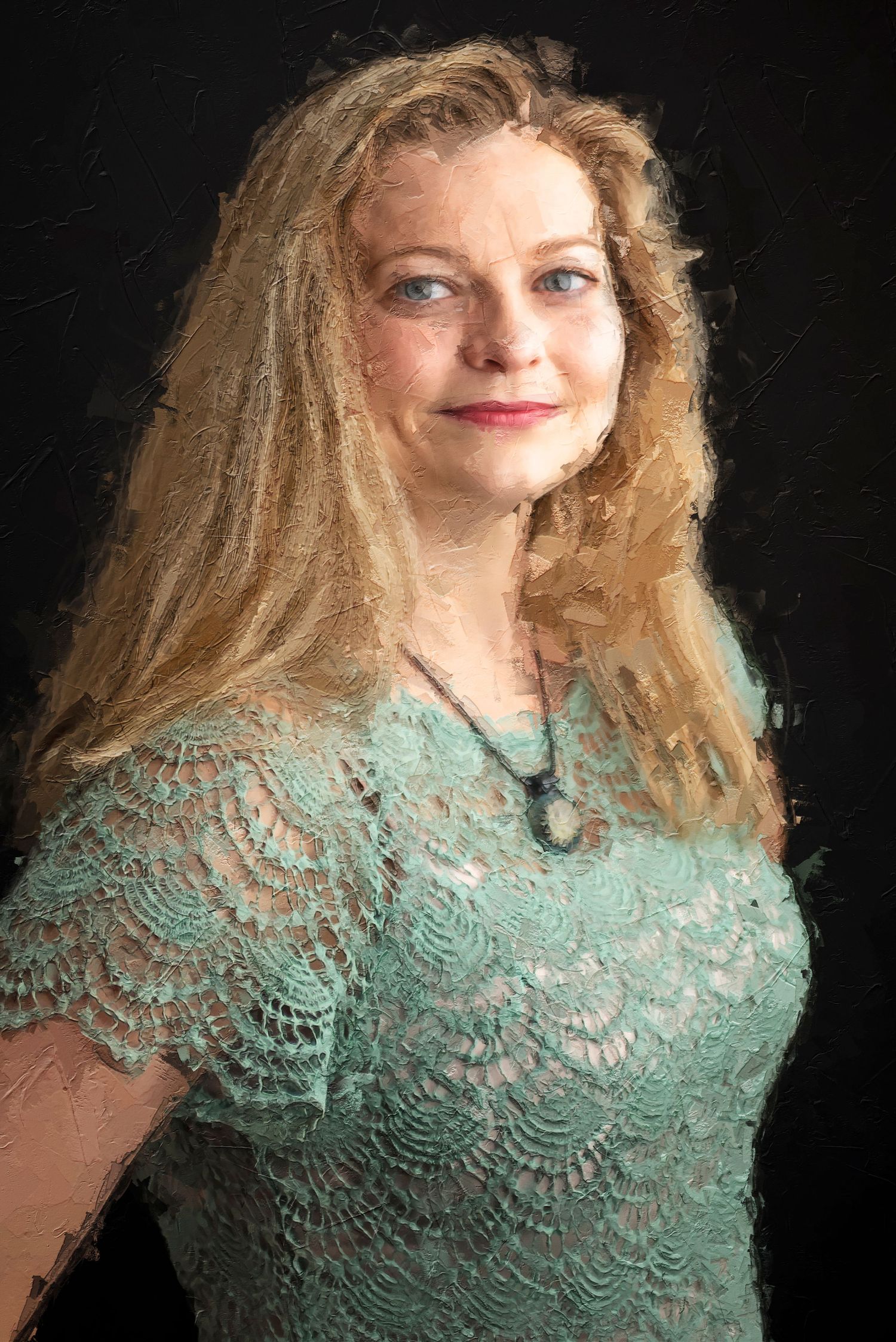 Elegant painterly portrait featuring mint green lace detail against dark background.