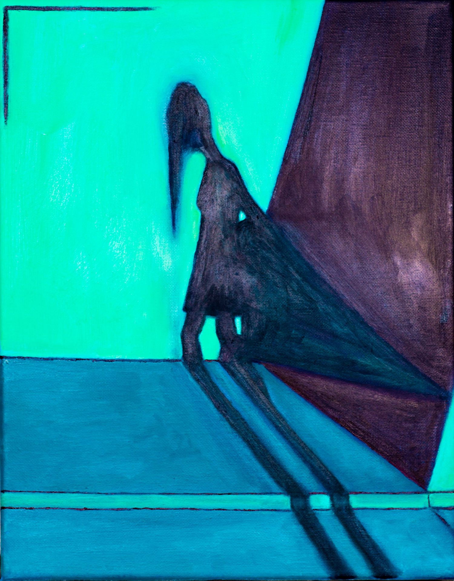 A silhouette against a turquoise wall shows a figure walking from left to right in a cinematic style.