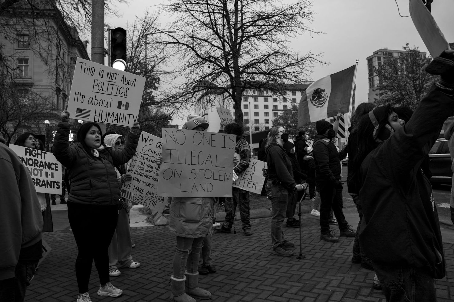 Protesters gather with signs during an outdoor demonstration on a cloudy day.