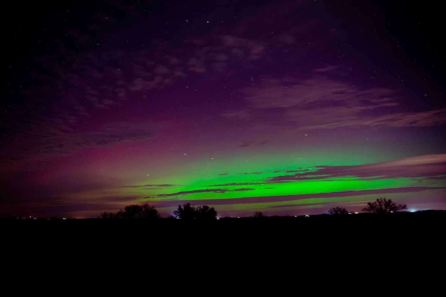 Stunning aurora borealis display with vibrant green and purple colors dancing across the night sky.