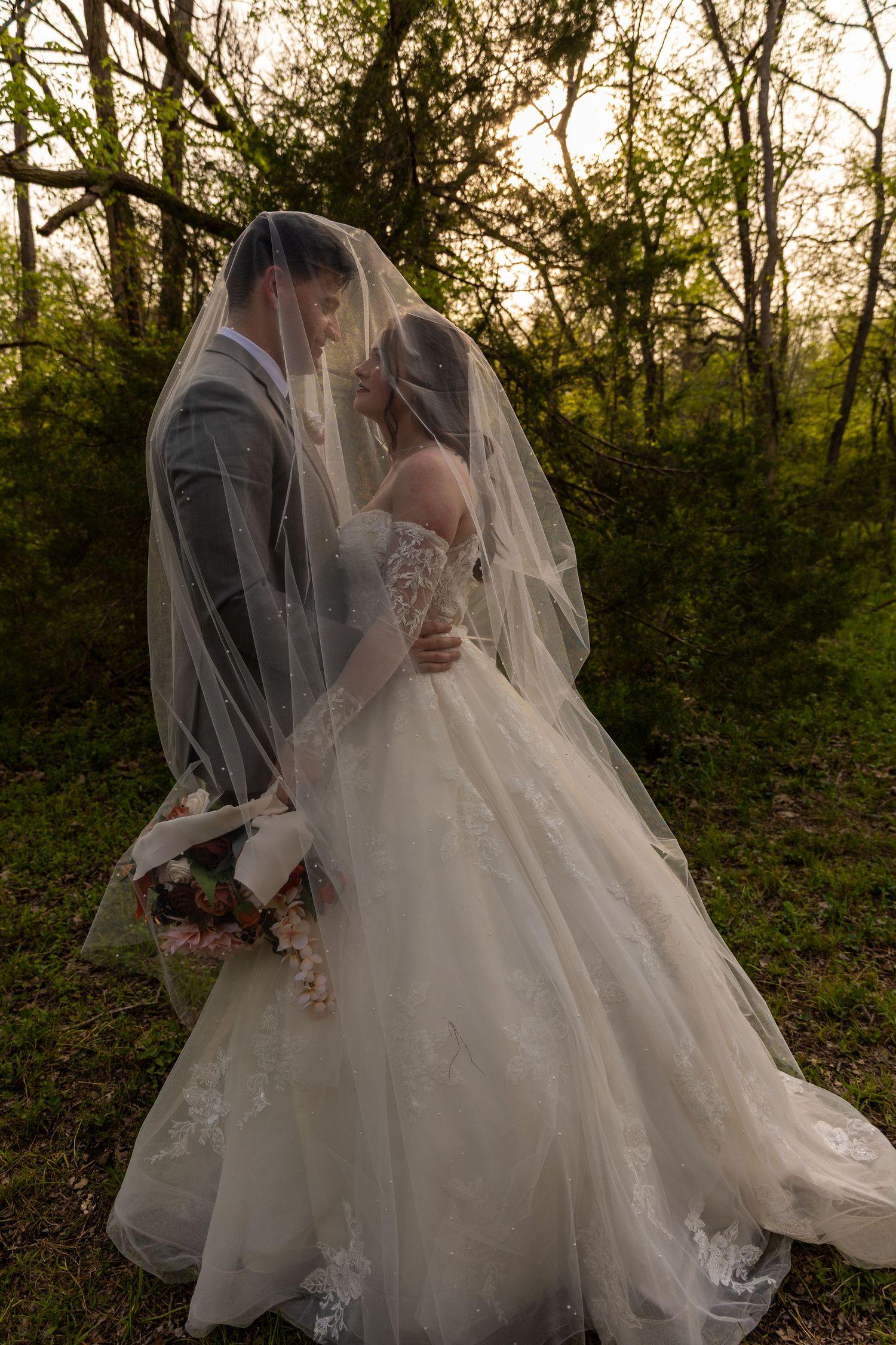 Dreamy wedding portrait sequence with flowing white dress and veil against sunset garden backdrop.