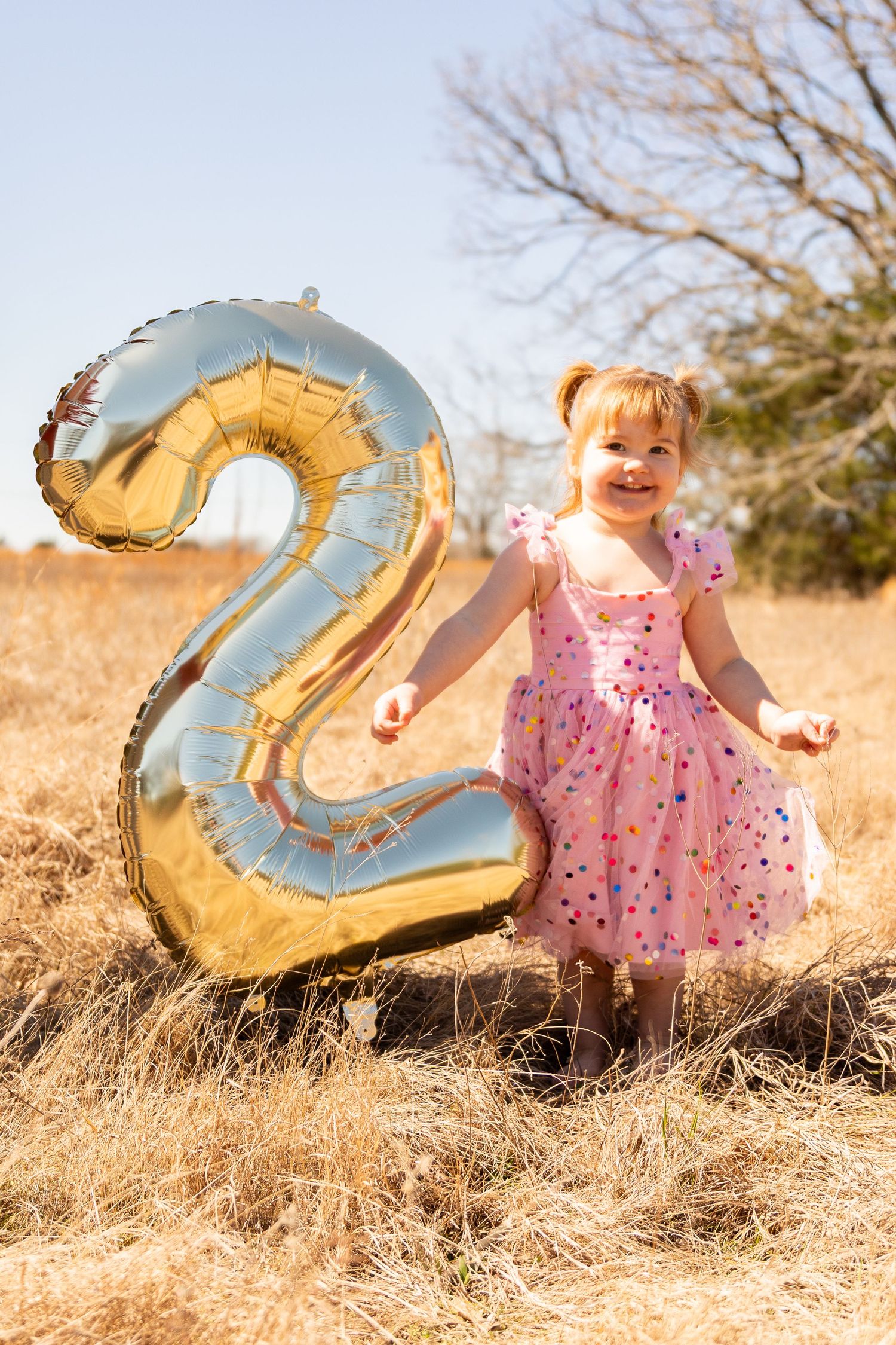 Gold number 2 balloon display with child in pink dress on autumn field.