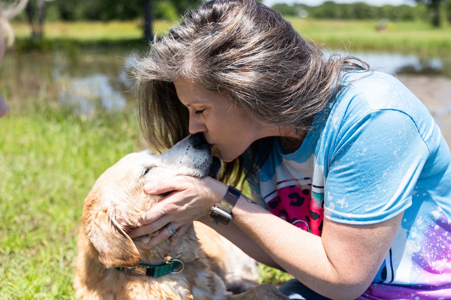 A dog receiving affectionate kisses while enjoying a sunny day in a grassy outdoor setting.
