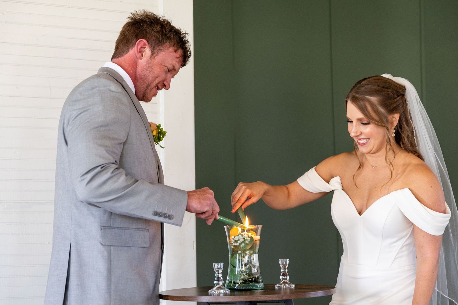 Series of candid wedding preparation moments against white and green backdrop.