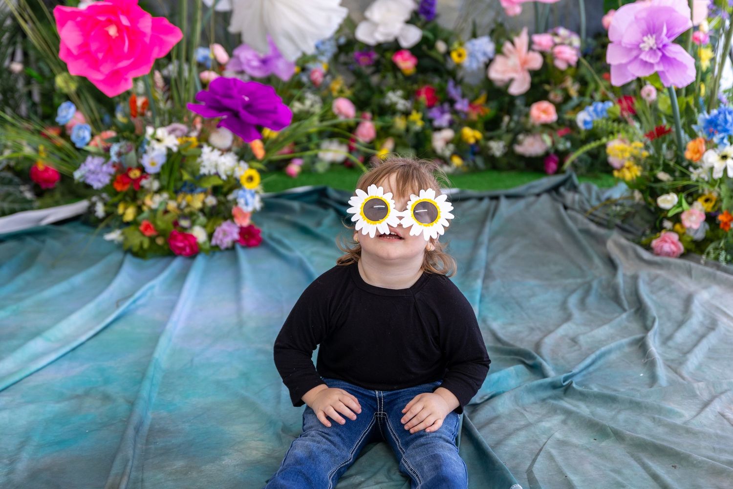 Colorful flower arrangement display with vibrant pink and purple blooms on blue backdrop.