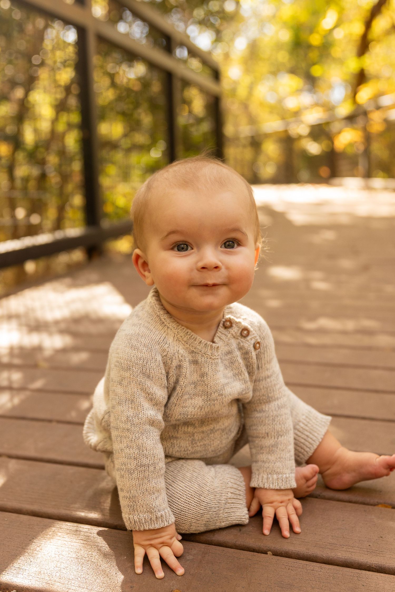 Baby in a cozy knit sweater sits on wooden bridge deck during autumn.